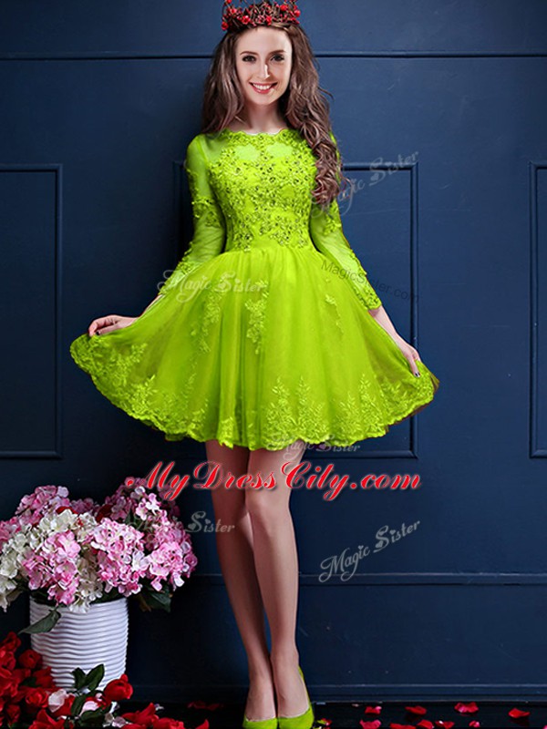 New Arrival Scalloped 3 4 Length Sleeve Wedding Party Dress Mini Length Beading and Lace and Appliques Yellow Green Chiffon