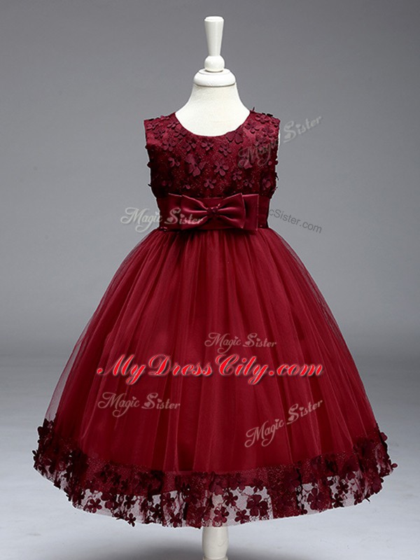 Trendy Burgundy Sleeveless Tea Length Appliques and Bowknot Zipper Little Girl Pageant Gowns
