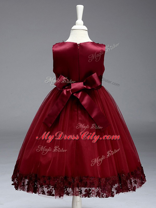 Trendy Burgundy Sleeveless Tea Length Appliques and Bowknot Zipper Little Girl Pageant Gowns