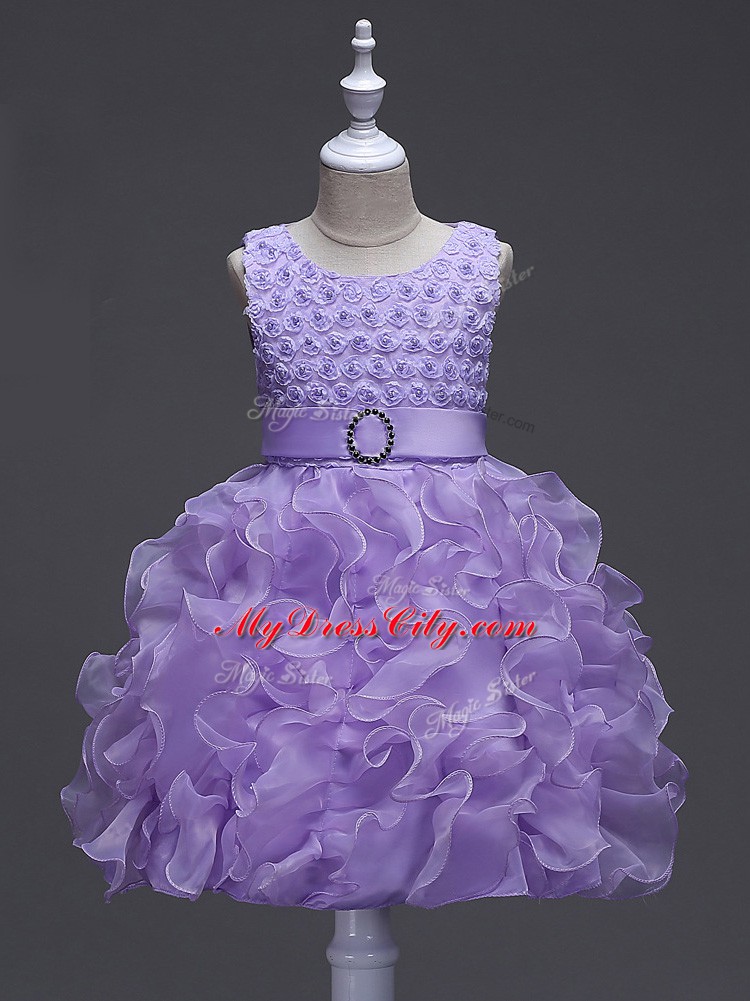 Ruffles and Belt Casual Dresses Lavender Lace Up Sleeveless Knee Length