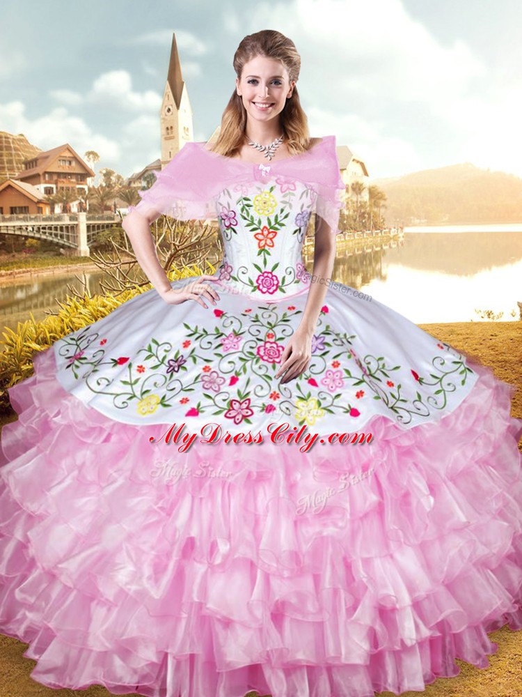 Rose Pink Sweetheart Lace Up Embroidery and Ruffled Layers Quinceanera Dress Sleeveless