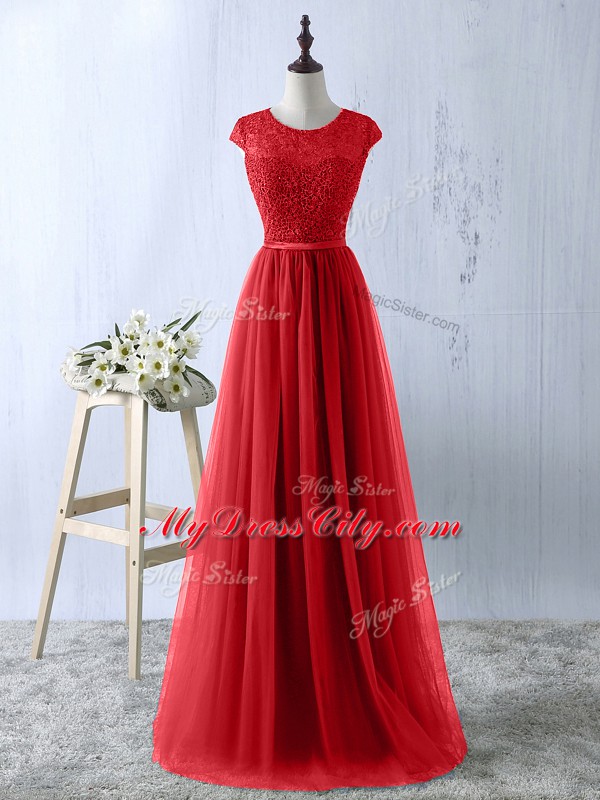 Red Tulle Zipper Scoop Short Sleeves Floor Length Lace