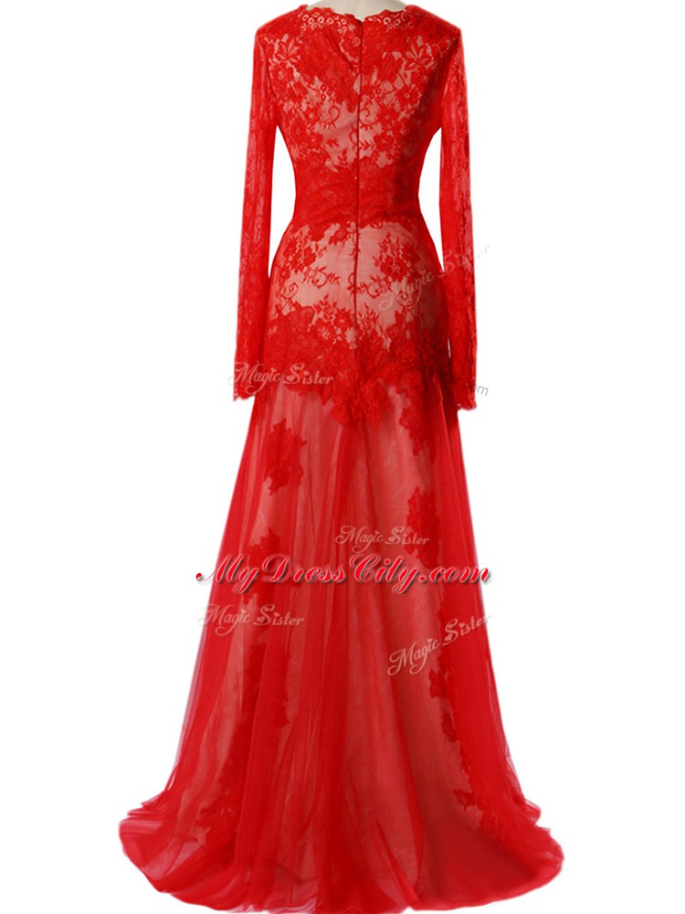Sleeveless Floor Length Beading and Lace Zipper Evening Outfits with Red