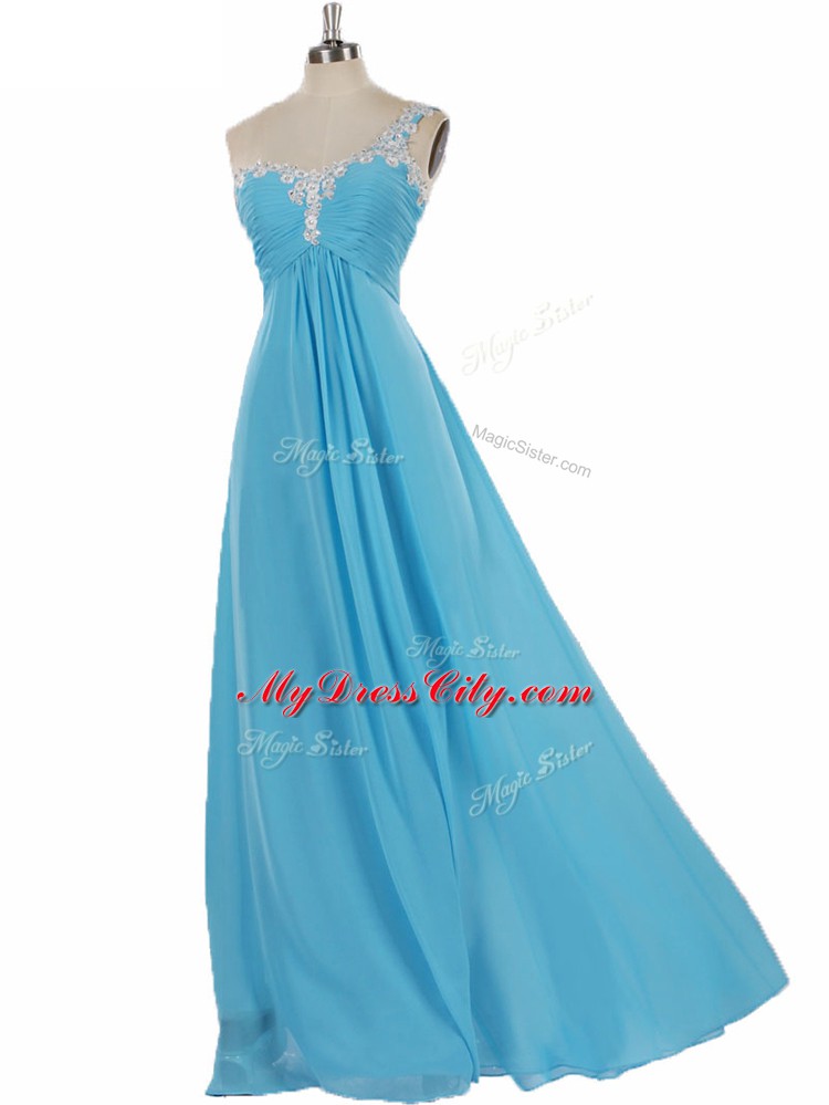 Aqua Blue Chiffon Zipper Court Dresses for Sweet 16 Sleeveless Floor Length Appliques