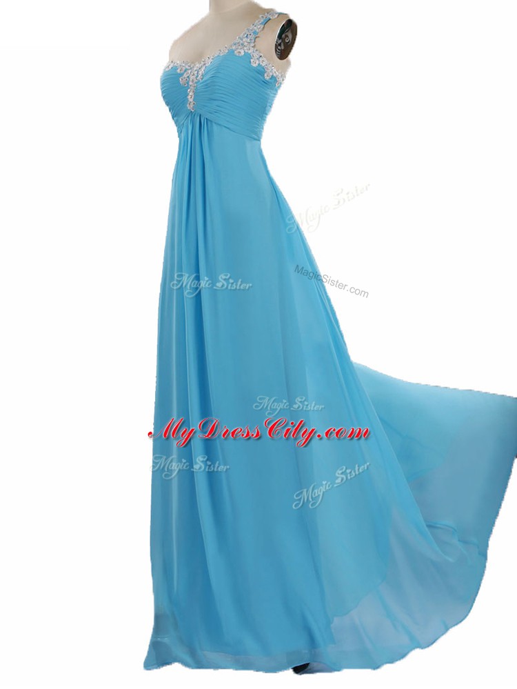 Aqua Blue Chiffon Zipper Court Dresses for Sweet 16 Sleeveless Floor Length Appliques