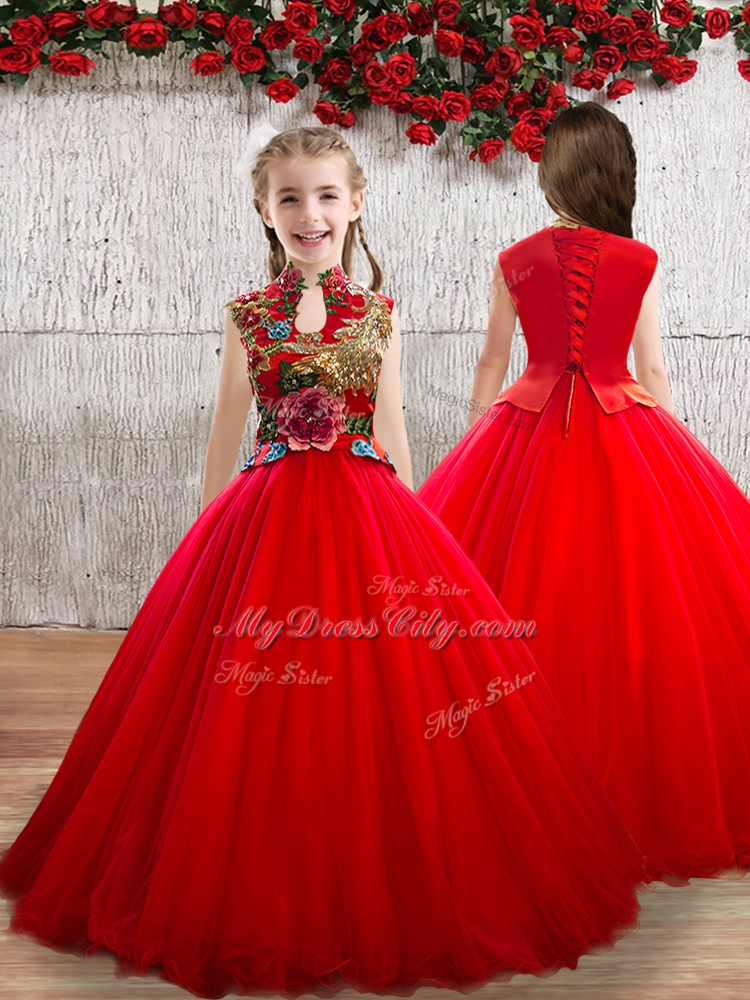 Red Lace Up Girls Pageant Dresses Appliques Sleeveless Floor Length