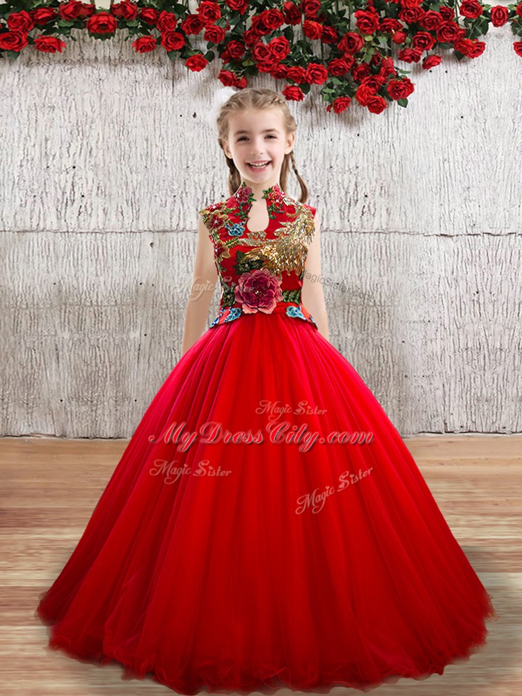 Red Lace Up Girls Pageant Dresses Appliques Sleeveless Floor Length