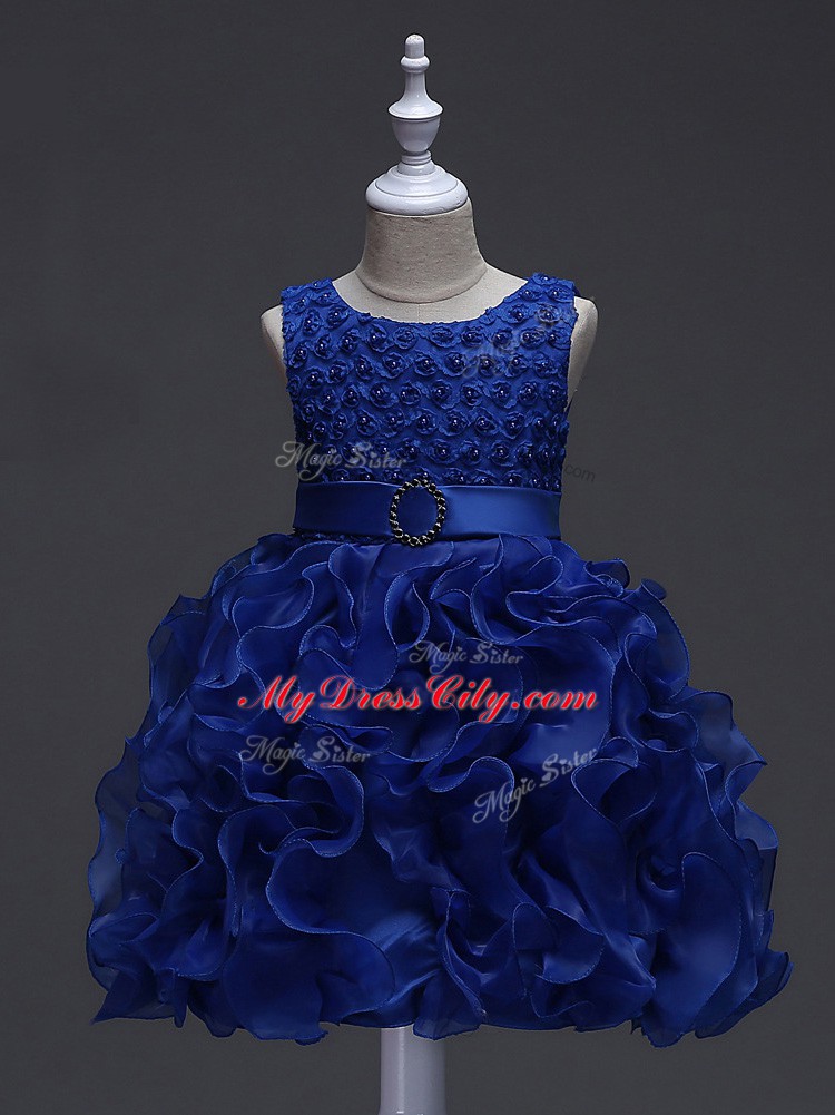 Ball Gowns Kids Pageant Dress Royal Blue Scoop Organza Sleeveless Knee Length Lace Up