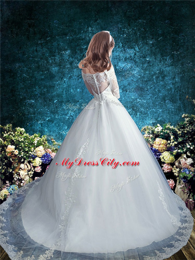 Decent White Tulle Clasp Handle Flower Girl Dresses for Less Half Sleeves Brush Train Lace