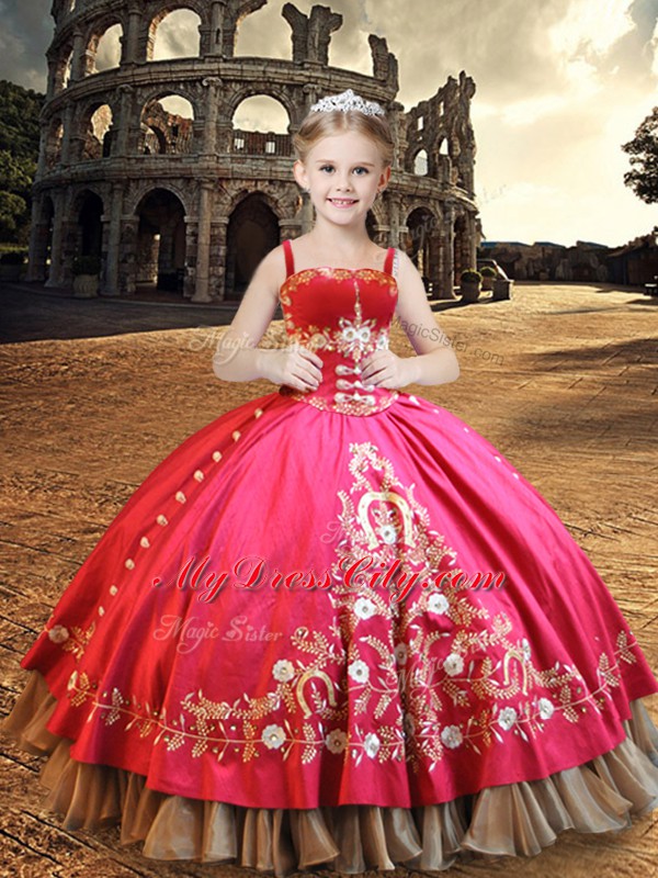 Great Hot Pink Taffeta Lace Up Little Girl Pageant Gowns Sleeveless Floor Length Embroidery