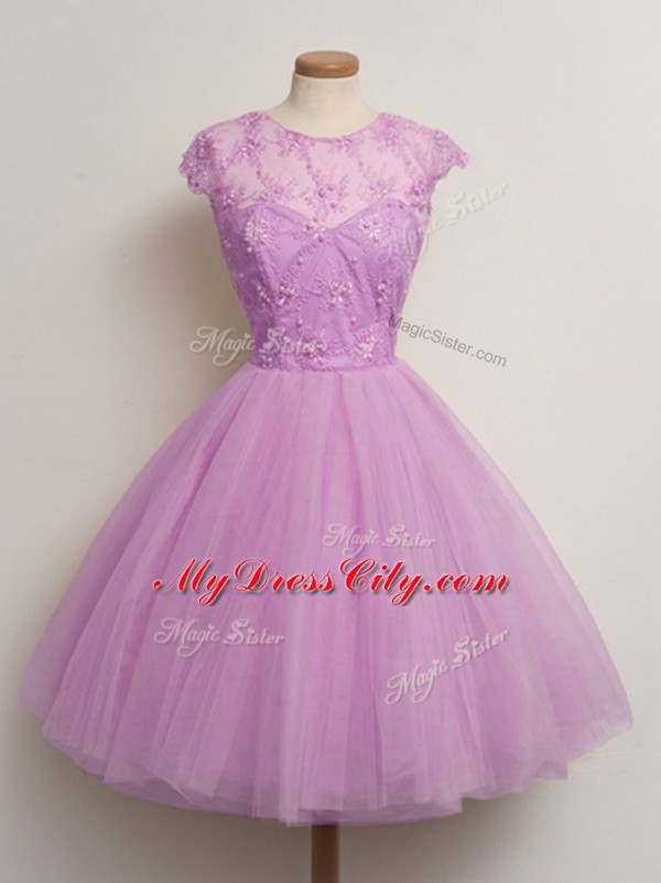 Nice Tulle Cap Sleeves Knee Length Wedding Party Dress and Lace