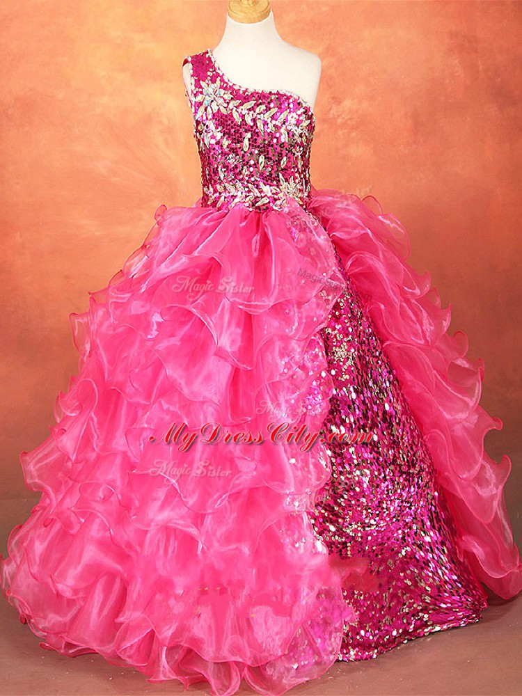 Top Selling Hot Pink Sleeveless Organza Lace Up Pageant Gowns For Girls