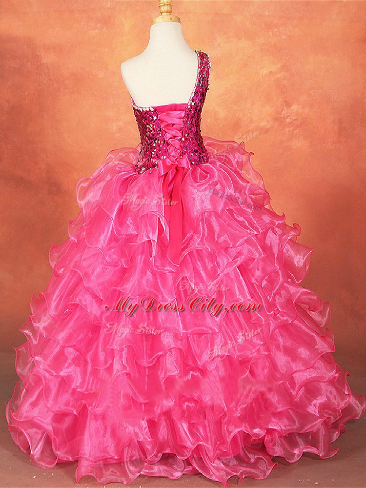 Top Selling Hot Pink Sleeveless Organza Lace Up Pageant Gowns For Girls for Wedding Party