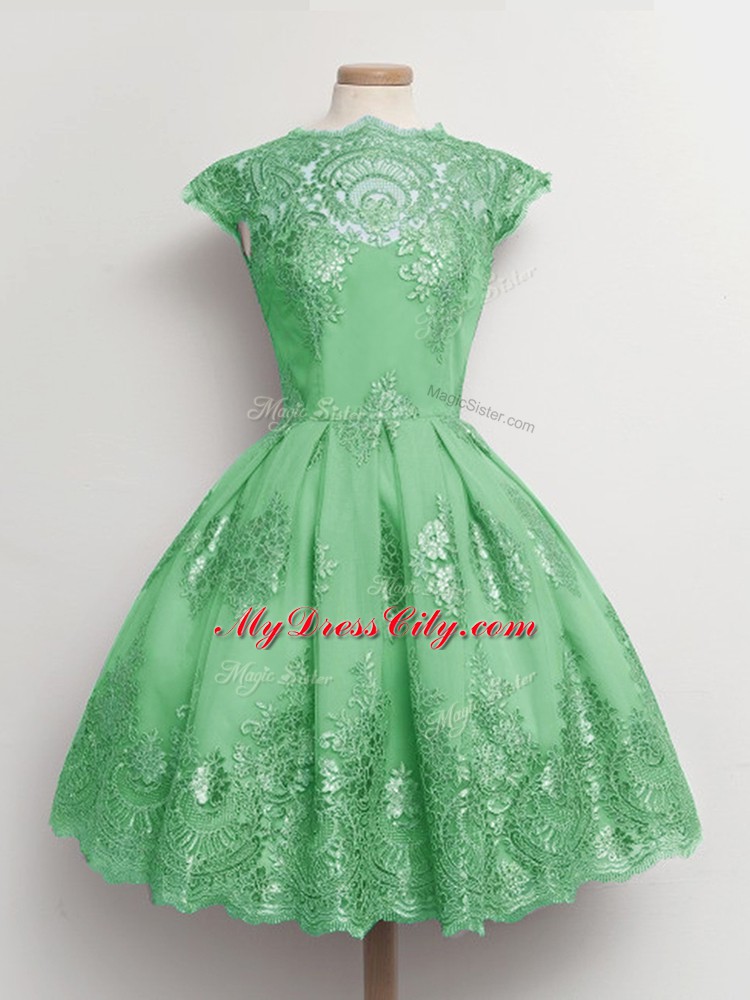 Green A-line Tulle Scalloped Cap Sleeves Lace Knee Length Lace Up Damas Dress