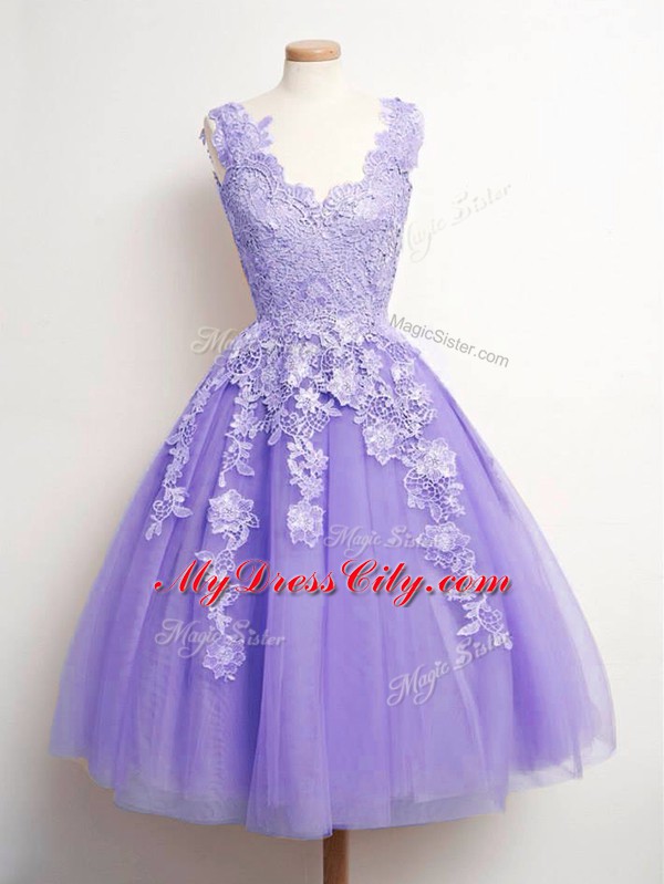 Elegant Lavender Sleeveless Tulle Lace Up Quinceanera Court Dresses for Prom and Party and Wedding Party