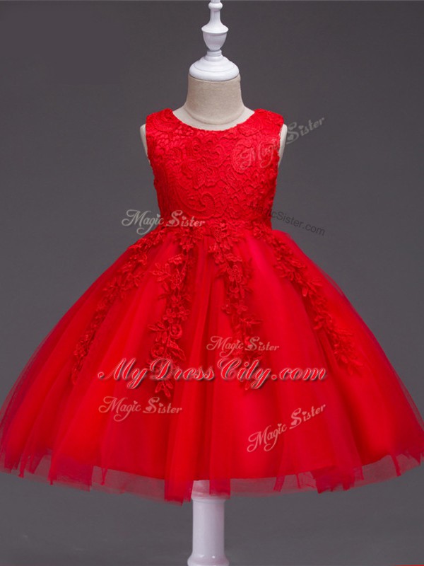 Knee Length Red Flower Girl Dresses for Less Tulle Sleeveless Appliques
