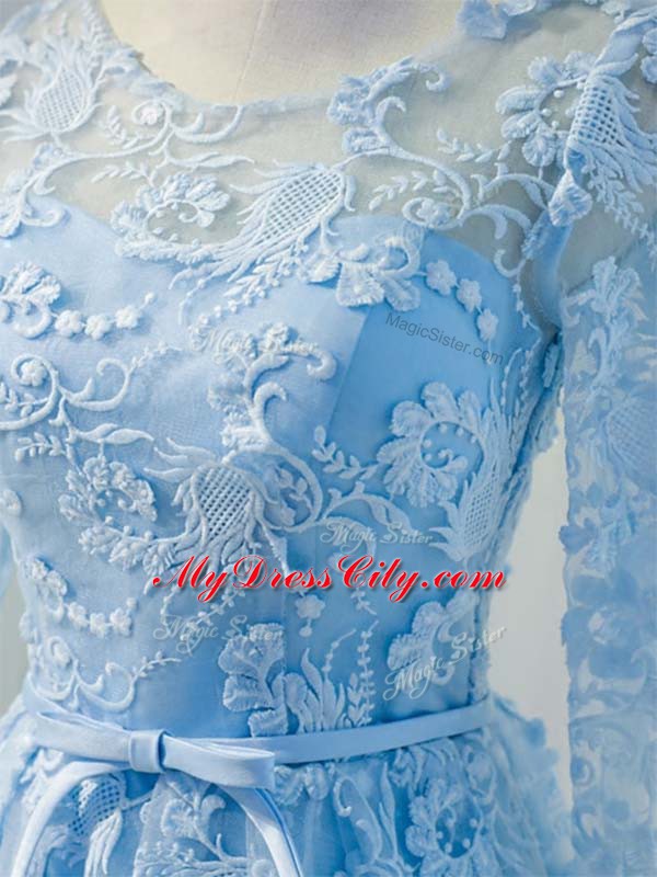 Knee Length A-line Long Sleeves Baby Blue Prom Dress Lace Up
