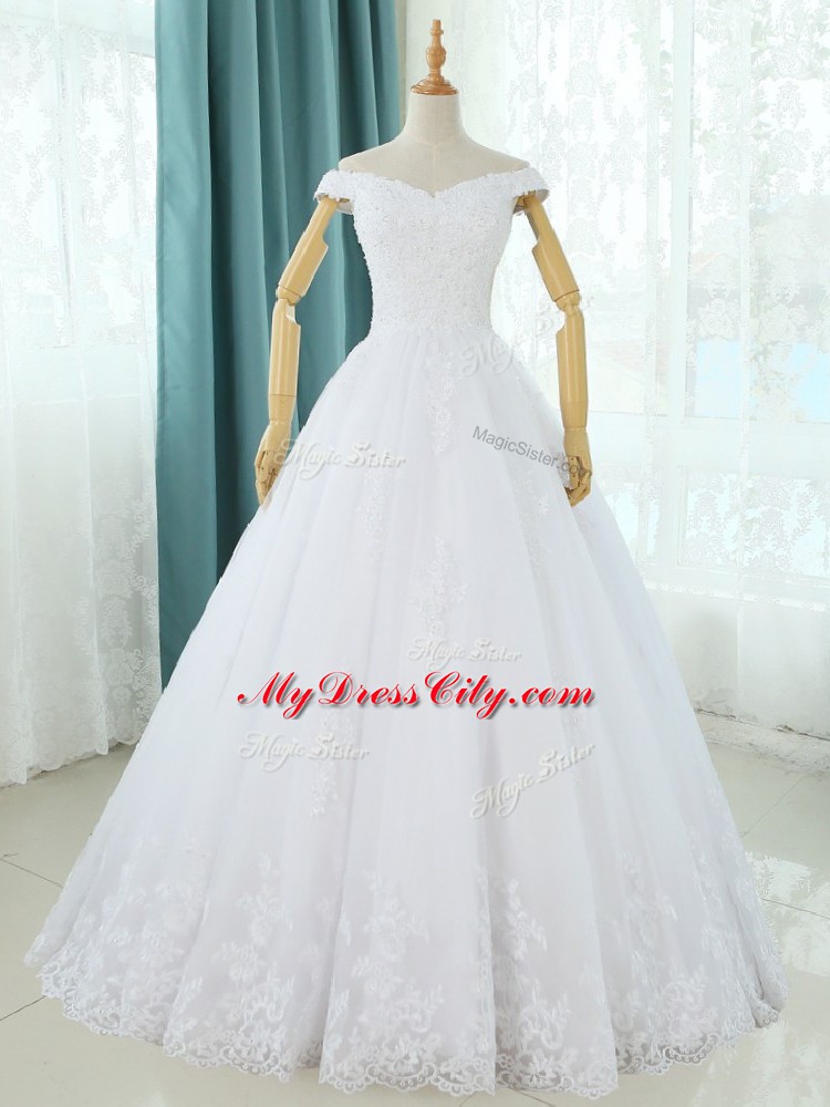 White A-line Off The Shoulder Sleeveless Tulle Floor Length Lace Up Lace and Appliques Wedding Dresses