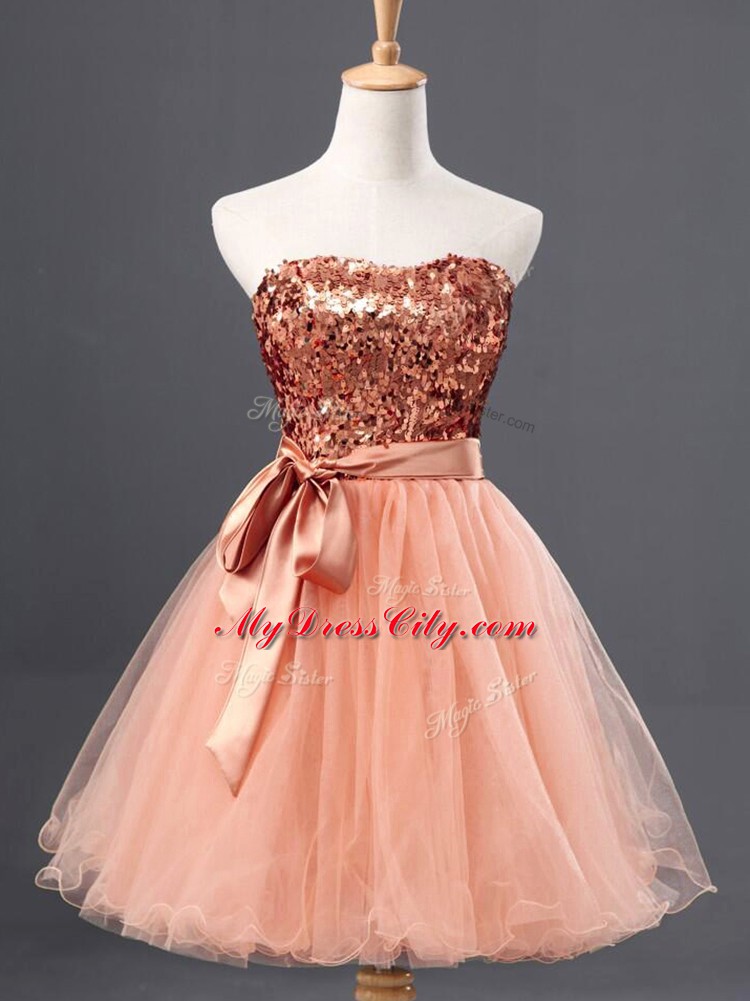 Peach Tulle Zipper Sweetheart Sleeveless Mini Length Prom Party Dress Sequins