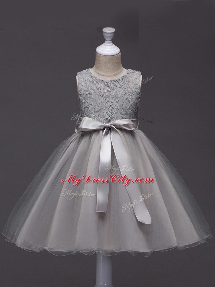 Romantic Ball Gowns Toddler Flower Girl Dress Grey Scoop Tulle Sleeveless Knee Length Zipper