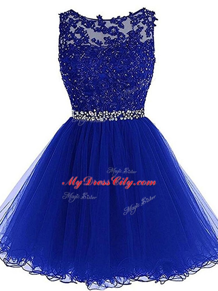 Hot Sale Mini Length Royal Blue Dress for Prom Tulle Sleeveless Beading and Lace and Appliques and Ruffles