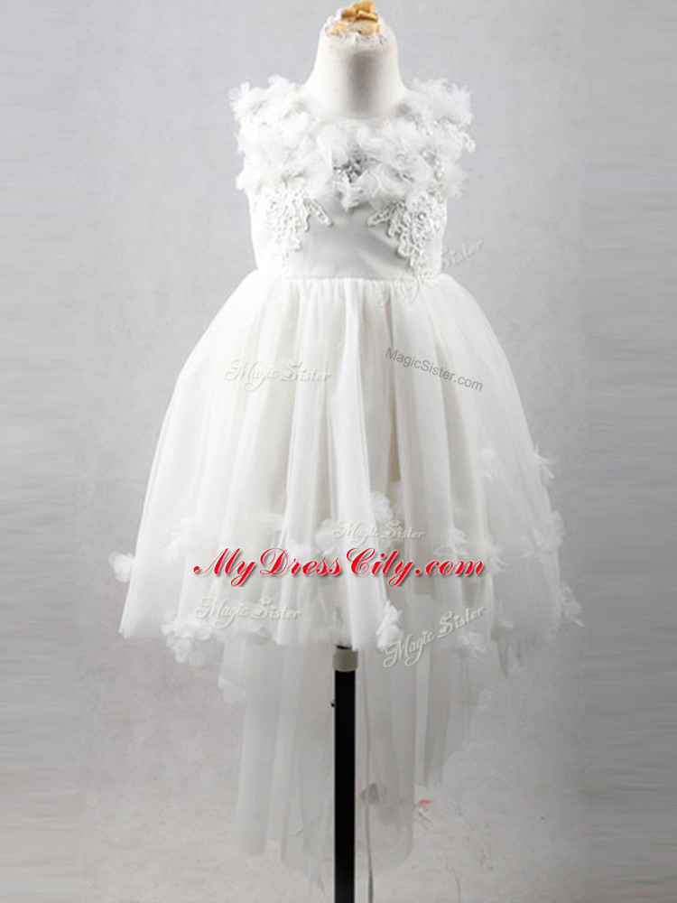 Extravagant White Tulle Lace Up Scoop Sleeveless High Low Flower Girl Dresses Appliques