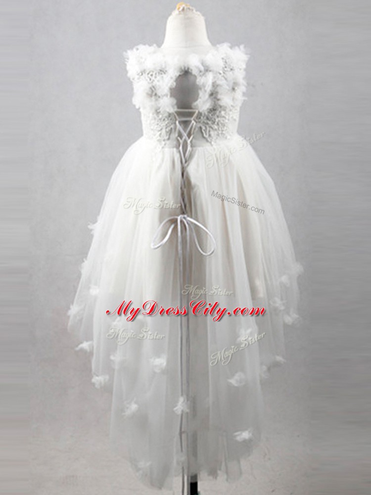 Extravagant White Tulle Lace Up Scoop Sleeveless High Low Flower Girl Dresses Appliques