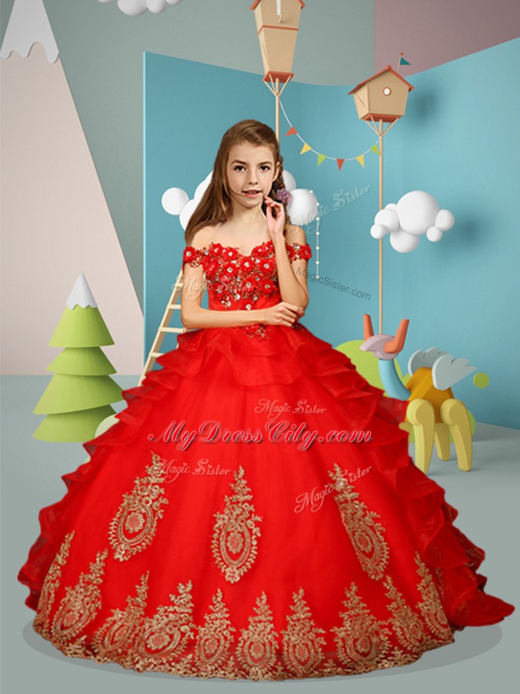 Cheap Off The Shoulder Sleeveless Tulle Little Girls Pageant Gowns Appliques and Embroidery Lace Up