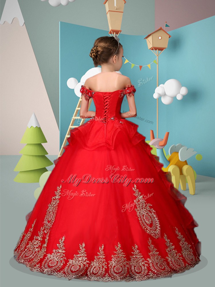 Cheap Off The Shoulder Sleeveless Tulle Little Girls Pageant Gowns Appliques and Embroidery Lace Up