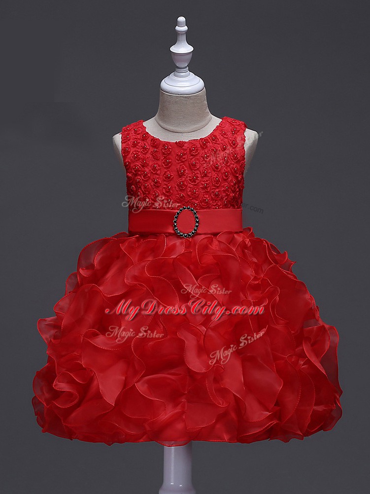 Custom Fit Red Lace Up Scoop Ruffles and Belt Little Girls Pageant Dress Organza Sleeveless