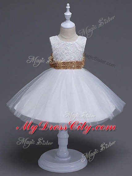Inexpensive Tulle Sleeveless Knee Length Flower Girl Dresses and Lace and Bowknot