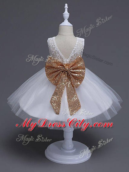 Inexpensive Tulle Sleeveless Knee Length Flower Girl Dresses and Lace and Bowknot