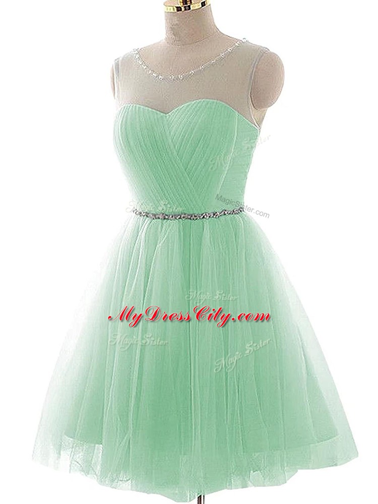 Luxury Scoop Sleeveless Tulle Evening Dress Beading and Ruching Lace Up