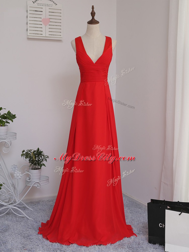 Sweet Red V-neck Zipper Ruching Court Dresses for Sweet 16 Sleeveless