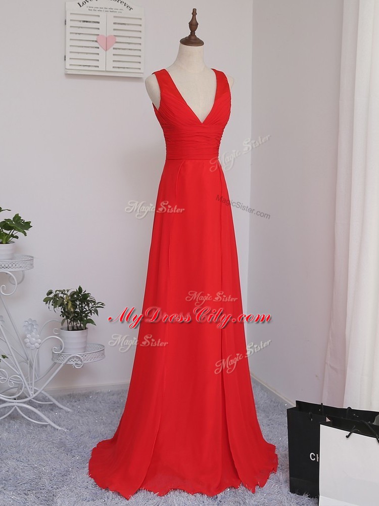 Sweet Red V-neck Zipper Ruching Court Dresses for Sweet 16 Sleeveless
