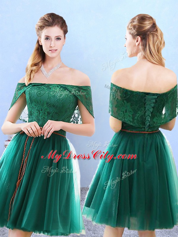 Lace Quinceanera Court of Honor Dress Olive Green Lace Up Cap Sleeves Knee Length