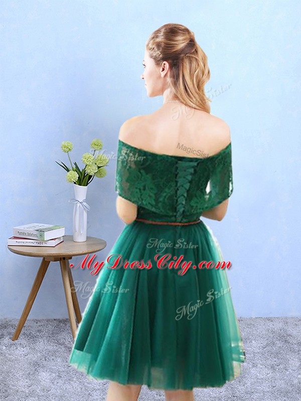 Lace Quinceanera Court of Honor Dress Olive Green Lace Up Cap Sleeves Knee Length