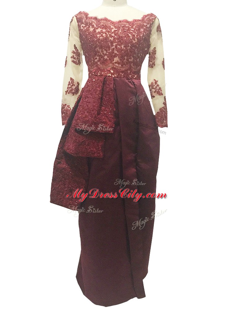 Burgundy Column/Sheath Lace and Appliques Mother Dresses Zipper Taffeta Long Sleeves Floor Length