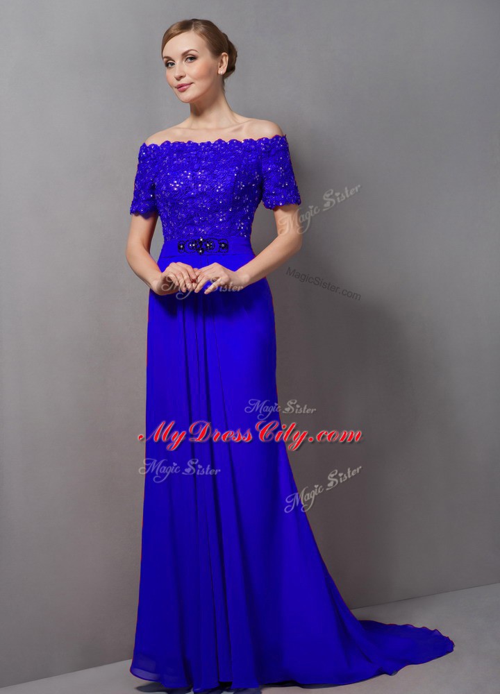 Lace Mother of Groom Dress Royal Blue Zipper Short Sleeves Sweep Train
