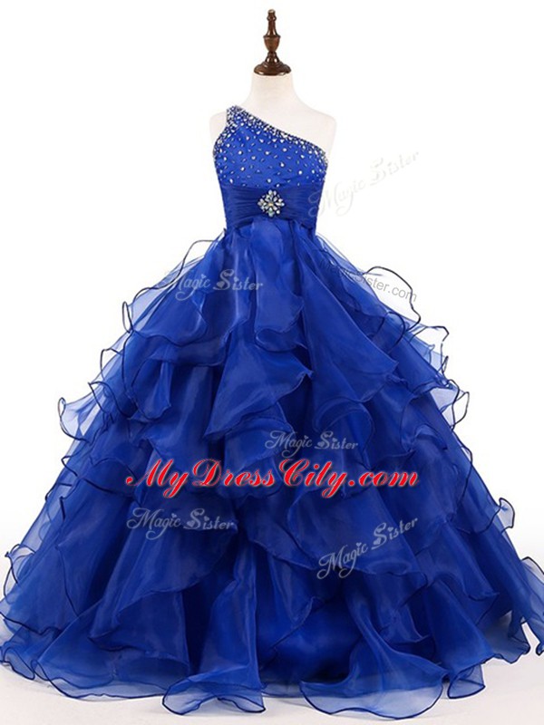 Cheap Floor Length Ball Gowns Sleeveless Royal Blue Girls Pageant Dresses Zipper
