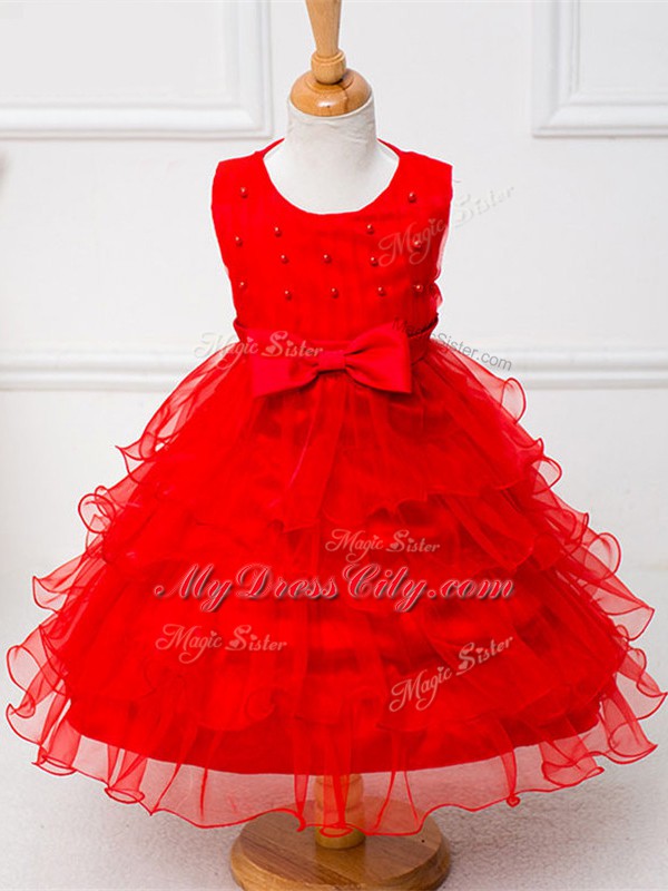 Tea Length Red Flower Girl Dresses Scoop Sleeveless Zipper