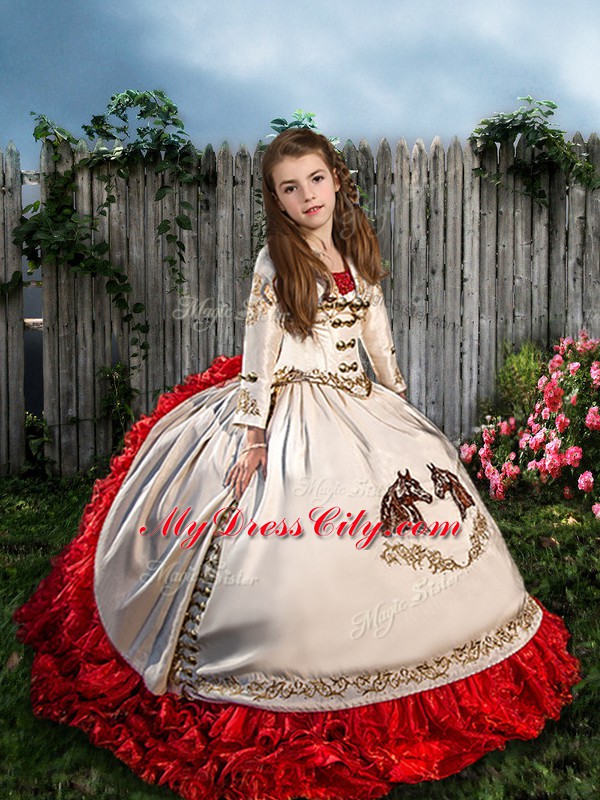 White And Red Organza and Taffeta Lace Up Straps Sleeveless Kids Formal Wear Brush Train Beading and Embroidery and Ruffles