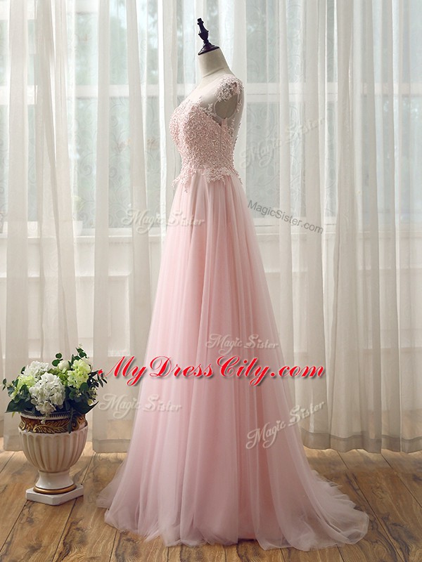 Enchanting Baby Pink Cap Sleeves Tulle Brush Train Zipper Court Dresses for Sweet 16 for Prom and Party and Wedding Party