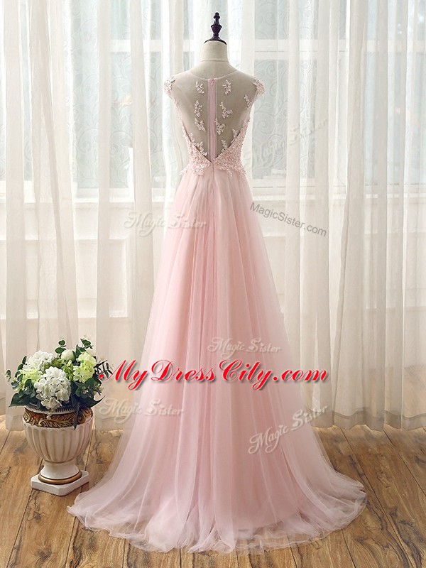 Enchanting Baby Pink Cap Sleeves Tulle Brush Train Zipper Court Dresses for Sweet 16 for Prom and Party and Wedding Party