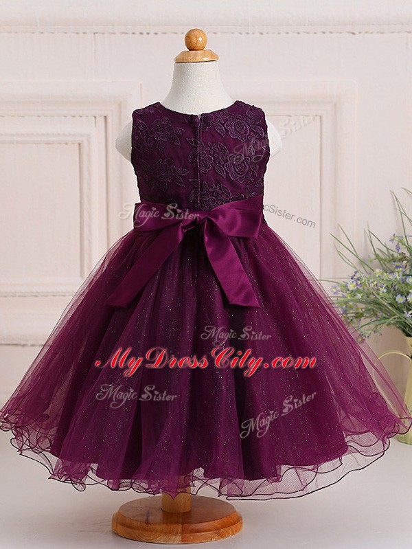 Adorable Burgundy A-line Tulle Scoop Sleeveless Appliques Knee Length Zipper Child Pageant Dress