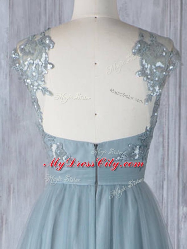 Grey Zipper Bridesmaid Dress Appliques Cap Sleeves Floor Length