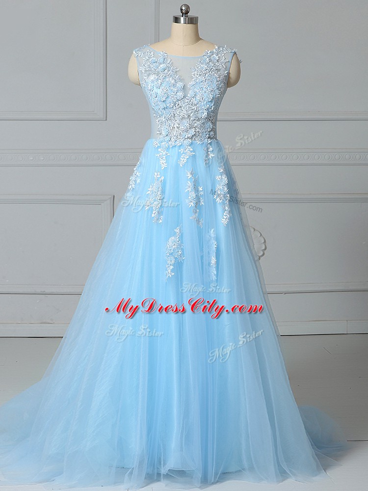 Flirting Baby Blue Homecoming Dress Scoop Sleeveless Brush Train Lace Up