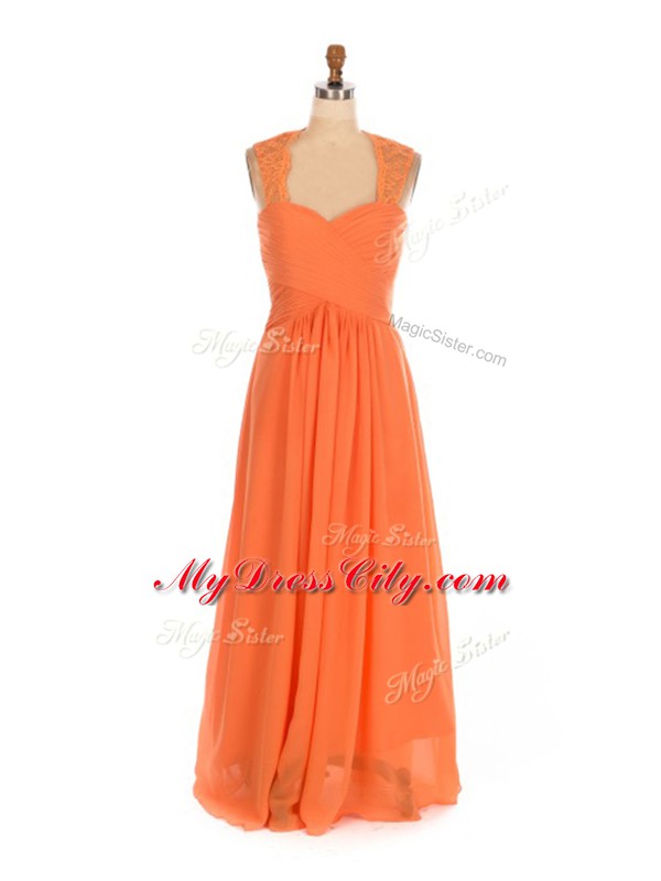 Orange Red Lace Up Straps Lace Quinceanera Court of Honor Dress Chiffon Sleeveless