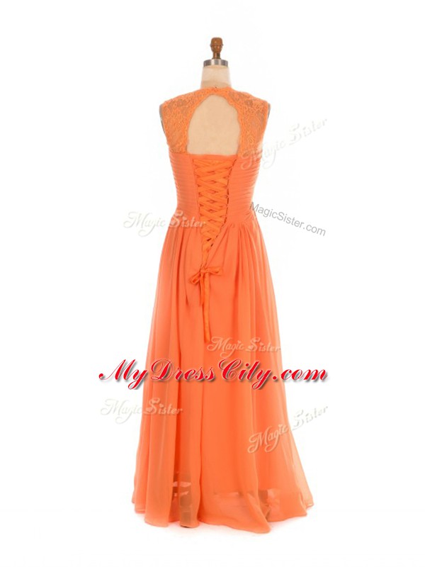 Orange Red Lace Up Straps Lace Quinceanera Court of Honor Dress Chiffon Sleeveless