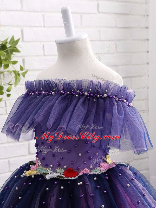 Off The Shoulder Short Sleeves Tulle Kids Formal Wear Beading and Hand Made Flower Lace Up